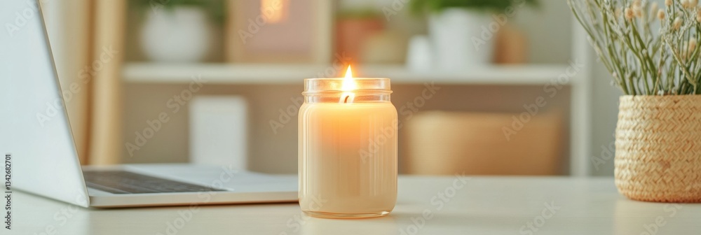 Poster mindful workspace serenity minimalist scandinavian home office with warm candlelight - productivity 