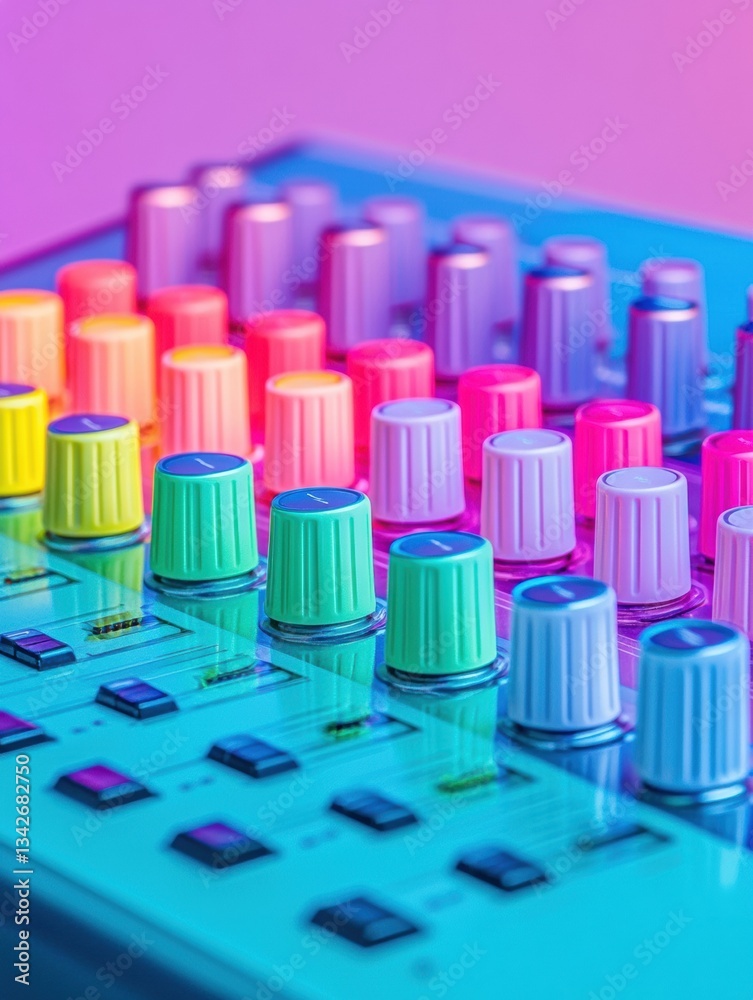 Poster vibrant audio engineering nexus next-gen sound mixing console with risograph-inspired neon color pal