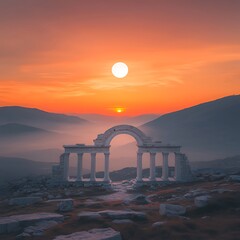 Fototapeta premium Sunset Arch: Ancient Ruins for Mountain Mist.