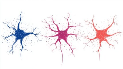Fototapeta premium Colorful neural networks art with blue, pink, and orange neurons on white background