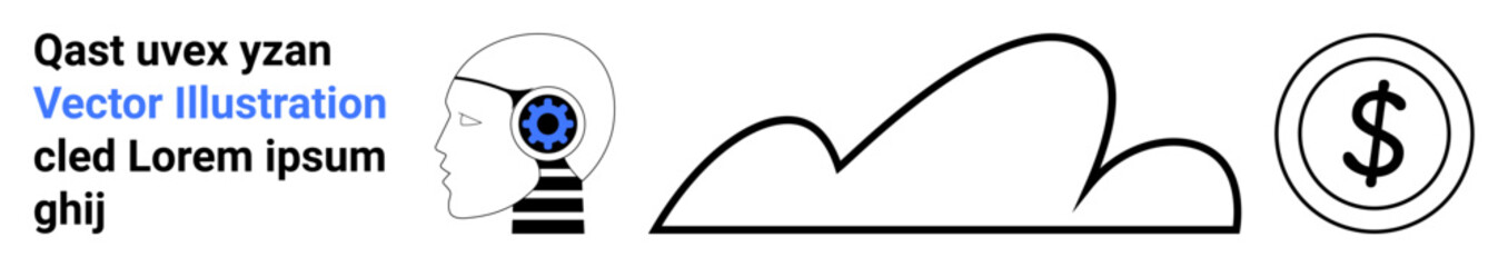 Head with gear symbolizing innovation and thinking, cloud outline for technology or storage, dollar icon conveying finance. Ideal for business, technology, economy, innovation, creativity, finance