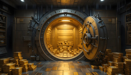 Bank vault with open door store gold bar inside generative ai art