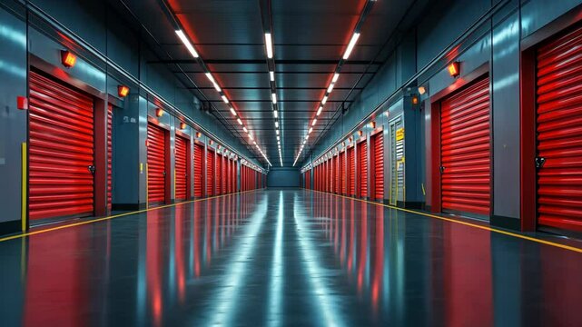 Endless Corridor of Red Storage Units: A Modern Warehouse Interior