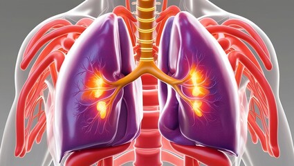 A transparent 3D rendering of human lungs, with bright glowing areas indicating healthy breathing.