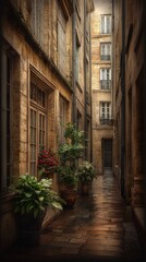 Fototapeta premium Rain-kissed cobblestone street flanked by aged stone buildings adorned with vibrant potted plants illuminating the passageway
