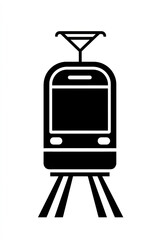 Minimalist black and white illustration of a tram on railway tracks.