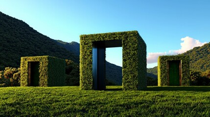 Lush Green Hedged Doors in Mountain Landscape  Nature Entrance  AI Generated
