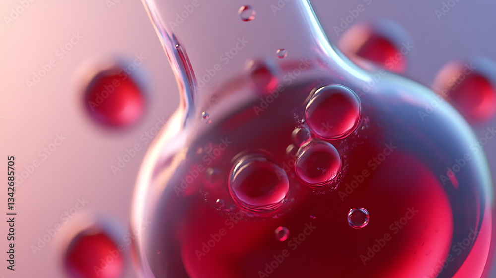 Poster a close-up of a laboratory flask containing vibrant red liquid and bubbles, set against a blurred ba