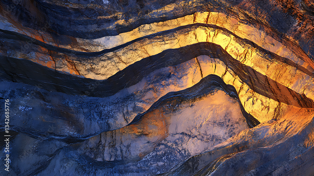 Poster A captivating abstract image showcasing textured layers in rich colors, resembling geological formations illuminated by warm lighting