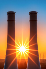 Power plant cooling towers silhouetted against a vibrant sunset sky.