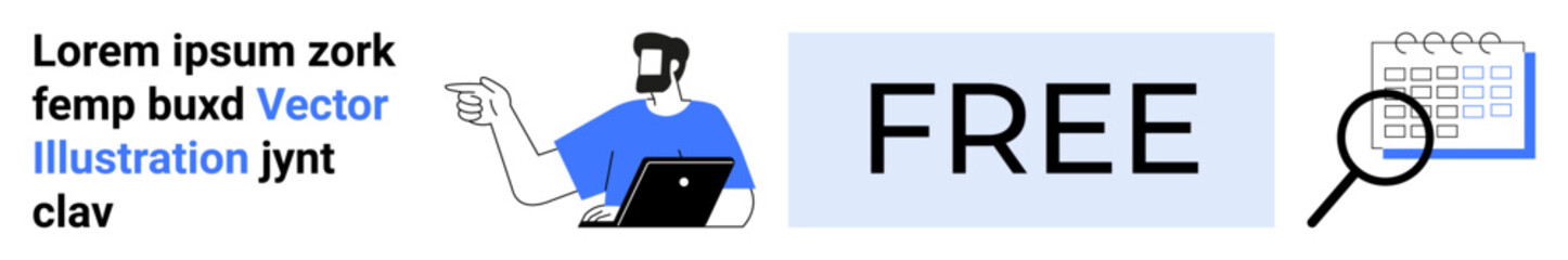 Worker with laptop working remotely, bolded FREE in center, magnifying glass over calendar tool. Ideal for marketing, learning resources, offers, planning, analytics, freelancing flat landing page