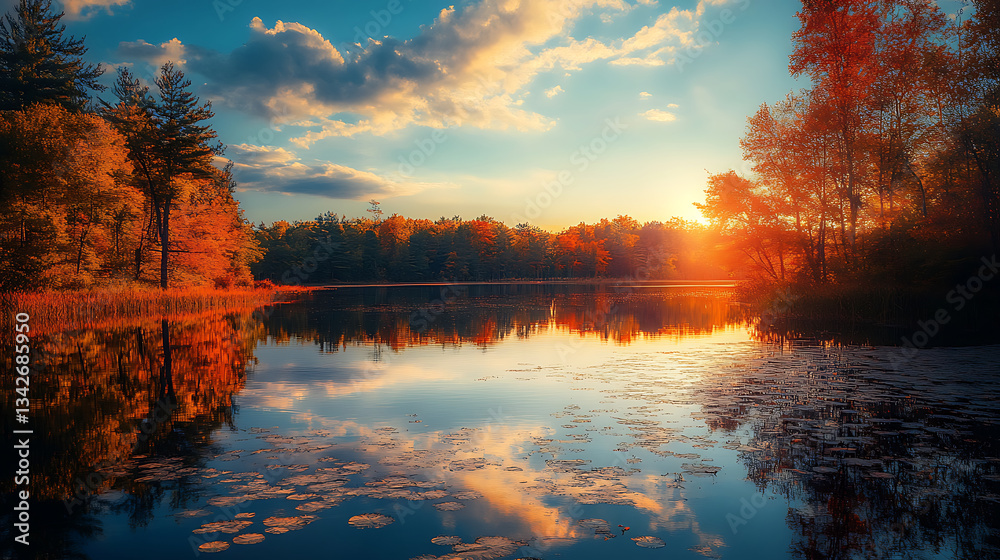 Poster a serene lake reflects vibrant autumn colors under a clear sky, framed by trees and soft clouds, cap