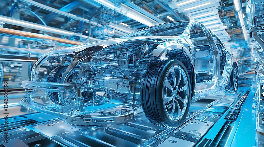 Aufkleber a futuristic, transparent car within a high-tech assembly line, showcasing advanced engineering and 