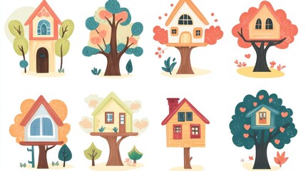 Naklejka premium Whimsical tree house collection with autumn and spring trees for design and decor