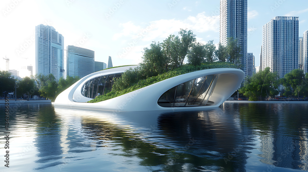 Poster A futuristic architectural structure surrounded by water and greenery, set against a backdrop of modern skyscrapers