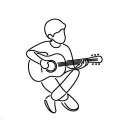 Minimalistic linear vector black and white outline drawing of little boy sitting cross-legged and playing guitar.