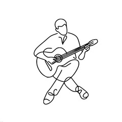 Minimalistic outline single line vector drawing of a man playing guitar while sitting on the floor with his legs crossed. Great choice for music and art projects