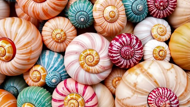 Colorful Spiral Seashells Close Up: Vibrant Pastel and Painted Shells Texture Background