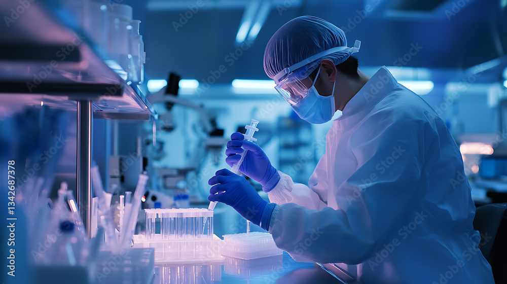 Aufkleber a scientist in a lab coat conducts experiments with test tubes under blue lighting, symbolizing rese