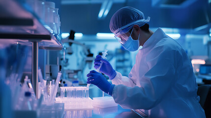 A scientist in a lab coat conducts experiments with test tubes under blue lighting, symbolizing research and innovation in a laboratory setting