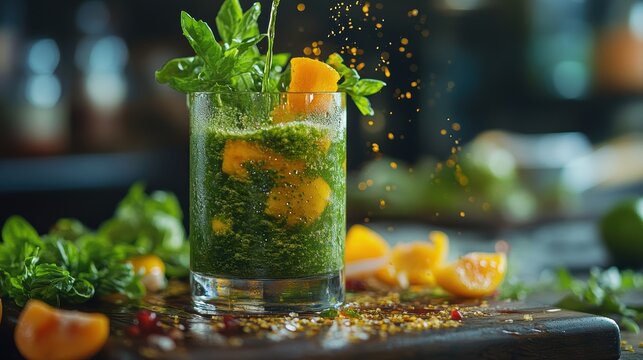 A vibrant green smoothie, a symphony of leafy greens and tropical fruits, poured from a glass onto a wooden surface, a refreshing elixir ready to nourish and revitalize.