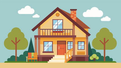Fototapeta premium A charming cottage with a main floor bedroom suite and an upstairs loft area with a bedroom and bathroom ideal for providing separate living spaces for parents and adult children.. Vector illustration