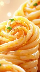 Creamy hummus swirled with olive oil on s of spaghetti seasoned with paprika and fresh herbs in a sunlit kitchen tableau