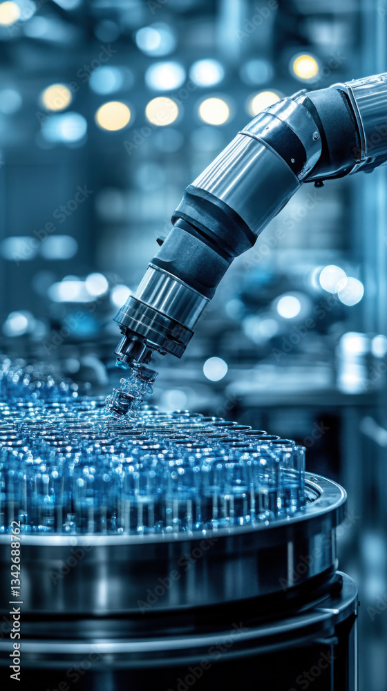 Poster a robot is working on a machine that is filled with blue bottles. the robot is focused on its task a