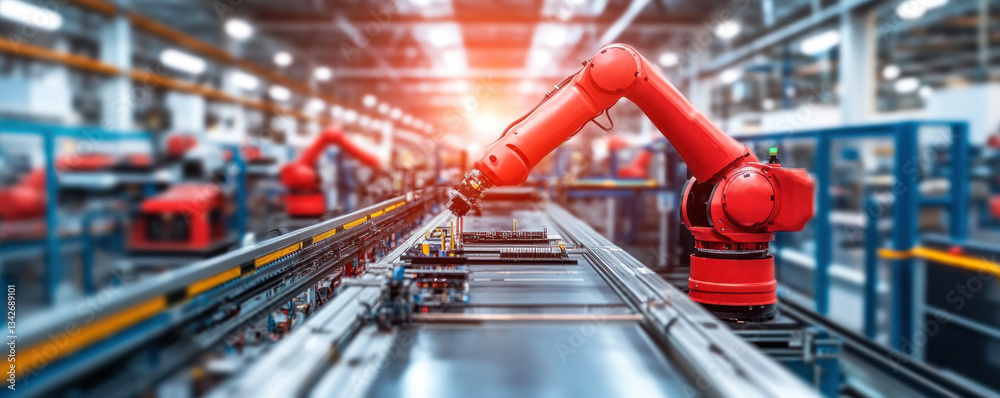 Poster a robot is working on a conveyor belt in a factory. the robot is red and is surrounded by other robo