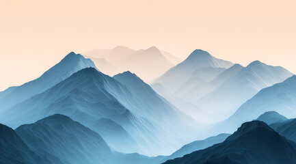 A digital art piece depicting an ethereal mountain range, rendered in shades of blue and gray with soft lighting that creates depth and texture on the peaks.