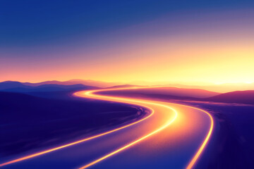 Naklejka premium Winding road captured at sunset with vibrant hues of purple and orange sky.