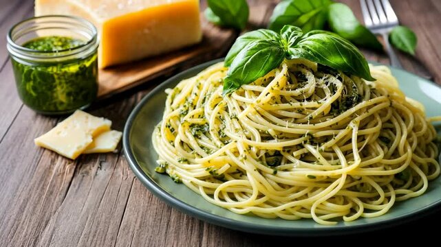 Delicious plate of spaghetti with basil and pesto sauce served on wooden table with cheese and greens