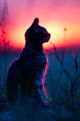 silhouette of cat against vibrant sunset, showcasing beauty of nature and tranquility of moment