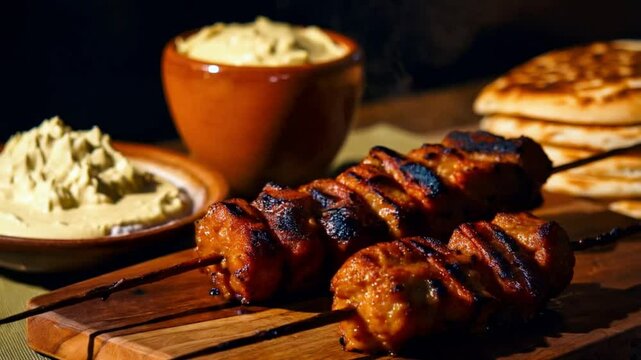 Charcoal-grilled kofta kebabs served on skewers, juicy texture with smoky grill marks, side of hummus and pita bread