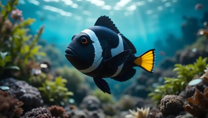 Fototapeta premium Clownfish Swimming Underwater Among Coral and Plants in a Reef