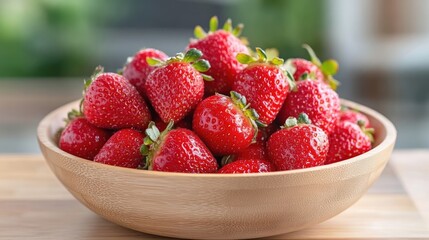 Freshly picked strawberries in a wooden bowl