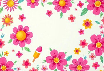 Vibrant retro floral pattern with sun, ice cream, and beach elements on a pastel background,  summertime,  tropical