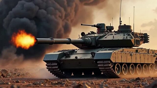 high-quality, cinematic animation of a powerful military tank firing a shell at an enemy target. 
