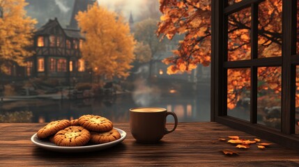 A cozy autumn backdrop, where a steaming mug of coffee sat beside a plate of freshly baked cookies, inviting warmth and comfort.