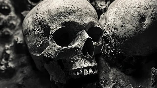 Pile of Skulls: A macabre still life photography of human skulls.