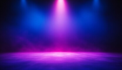 Colorful stage lighting with vibrant hues of pink, blue, and purple illuminating a foggy performance area for entertainment and artistic presentations
