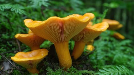 A vibrant tapestry of chanterelle mushrooms, their earthy caps adorned with intricate veins and delicate pores, nestled amongst the lush undergrowth, a testament to the beauty and bounty of the