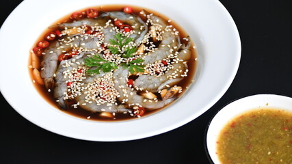 shrimp in soy sauce on white plate, korean style menu