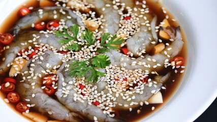 shrimp in soy sauce on white plate, korean style menu