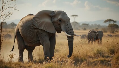 Obraz premium Elephant Standing Tall in African Savanna with Warm Light and Grass