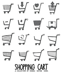 Shopping cart Doodle vector icon set. Drawing sketch illustration hand drawn line eps10