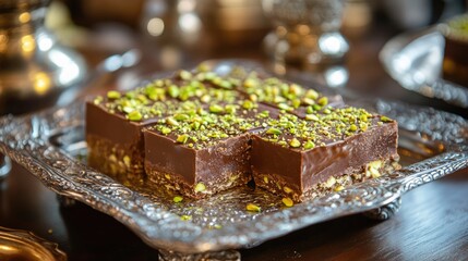 Luxurious Dubai Chocolate Pieces with Pistachios and Knafeh on a Table
