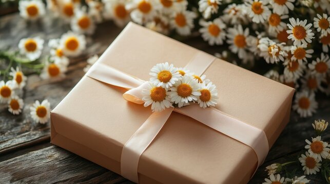 A warm invitation card, a gift box adorned with ribbons, and a bouquet of fragrant chamomile flowers, a symphony of elegance and warmth.