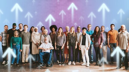 Group of diverse people standing in front of a brick wall