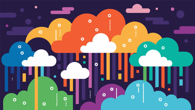 An otherworldly scene of colorful clouds each one holding an array of binary digits showcasing the innovative and tingedge technology of cloud storage solutions.. Vector illustration